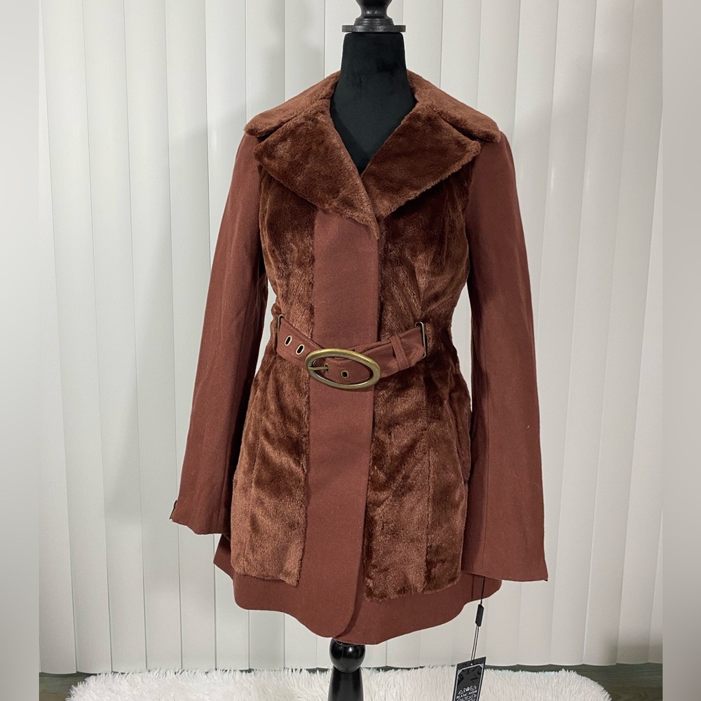 BLANC NOIR Sample Faux Fur Blocked Wool Car Coat Jacket Belted Midi Brown Small